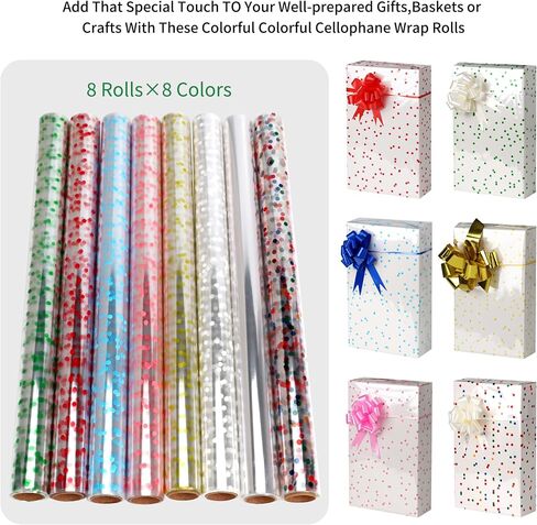 CMFYHM 8 Rolls clear Cellophane Wrap Roll (34 in x 16.4 ft x 8 Colors) Gift Baskets Wrap Roll,Extra Wide Transparent Polka Dots Cellophane Wrapping for Gift Baskets,Flowers, Candies, DIY Craft,Baby Shower, Easter,Halloween,Christmas in Kuwait