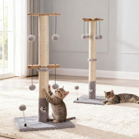 عمود خدش للقطط من PAWSFANS للقطط والقطط في الأماكن المغلقة، أعمدة خدش من السيزال بطول 76.2 سم مع أربع ألعاب كروية معلقة وتقوي القاعدة المستقرة باللون الرمادي in Kuwait