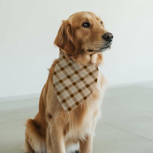 Tan Plaid Checkered Pattern Dog Bandanas, Classic Checked Plaid Scarf for Medium Large Dogs, Puppy Tartan Decor, 1 PCS in Kuwait