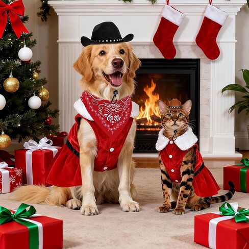 SANSTHS Dog Cat Christmas Cowboy Costumes, Red Cat Dog Christmas Dress with Mini Dogs Cowboy Hat & Red Bandana for Pet, XX-Large in Saudi Arabia