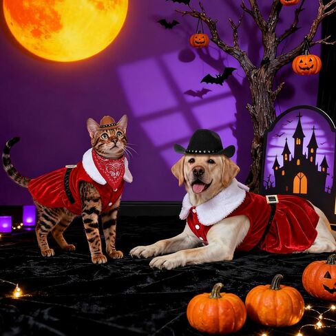 SANSTHS Dog Cat Christmas Cowboy Costumes, Red Cat Dog Christmas Dress with Mini Dogs Cowboy Hat & Red Bandana for Pet, XX-Large in Saudi Arabia