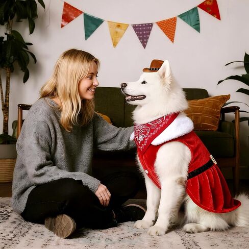 SANSTHS Dog Cat Christmas Cowboy Costumes, Red Cat Dog Christmas Dress with Mini Dogs Cowboy Hat & Red Bandana for Pet, XX-Large in Saudi Arabia