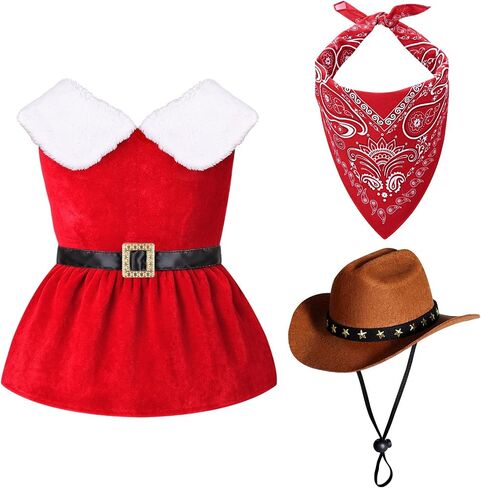 SANSTHS Dog Cat Christmas Cowboy Costumes, Red Cat Dog Christmas Dress with Mini Dogs Cowboy Hat & Red Bandana for Pet, XX-Large in Saudi Arabia