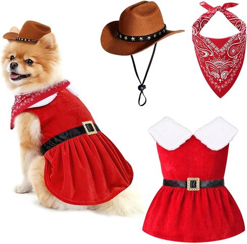 SANSTHS Dog Cat Christmas Cowboy Costumes, Red Cat Dog Christmas Dress with Mini Dogs Cowboy Hat & Red Bandana for Pet, XX-Large in Saudi Arabia