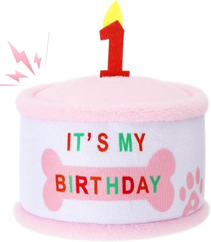 Soulchen Dog 1st Birthday Cake Toy, Pink Squeaky Plush Toy Gifts for Dog, Stuffed Puppy Present for Birthday Celebrations Party Supplies for Small Medium Large Pets in Saudi Arabia