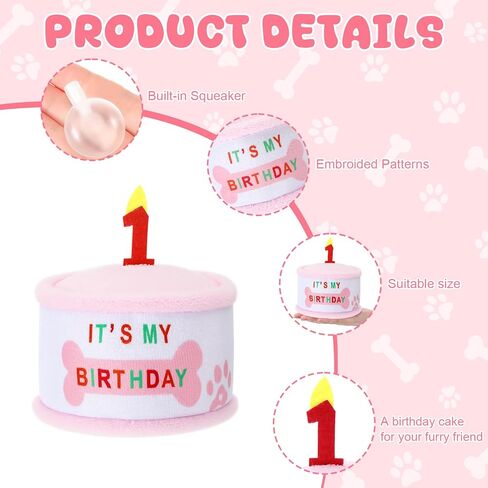 Soulchen Dog 1st Birthday Cake Toy, Pink Squeaky Plush Toy Gifts for Dog, Stuffed Puppy Present for Birthday Celebrations Party Supplies for Small Medium Large Pets in Saudi Arabia