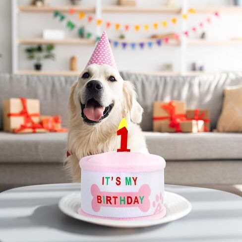 Soulchen Dog 1st Birthday Cake Toy, Pink Squeaky Plush Toy Gifts for Dog, Stuffed Puppy Present for Birthday Celebrations Party Supplies for Small Medium Large Pets in Saudi Arabia