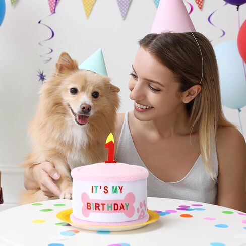Soulchen Dog 1st Birthday Cake Toy, Pink Squeaky Plush Toy Gifts for Dog, Stuffed Puppy Present for Birthday Celebrations Party Supplies for Small Medium Large Pets in Saudi Arabia