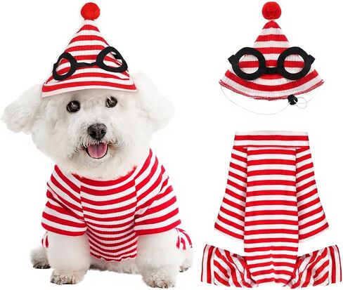 2PCS Red and White Striped Dog Shirt with Matching Hat, Dog Halloween Costume for Puppy Party (Large) in Saudi Arabia
