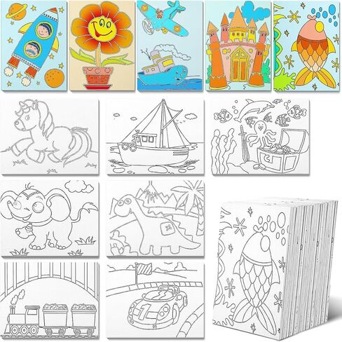 Fulmoon 36 Pcs Painting Canvas for Kids Painting Canvas Panels 7.8 x 5.8 Inch Pre Printed Designs Pre Drawn Stretched Canvas Kit for Painting for Girls Boys DIY Students Beginner Party Favor, 12 Style in Kuwait