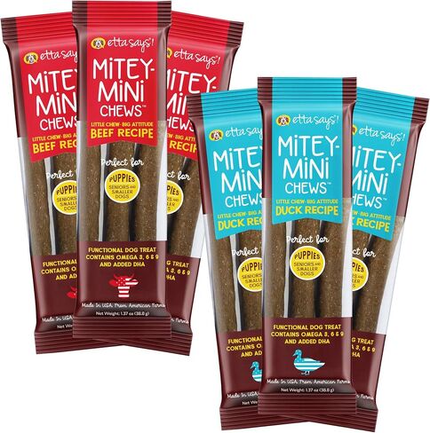 Etta Says! Mitey Mini Chews Dog Treats - Made in the USA - Grain-Free and Odor-Free - All-Natural Dog Chews - Perfect for Puppies and Senior Dogs - With Omega 3, 6, and 9 - Variety - 6 pack - 18 count in Saudi Arabia