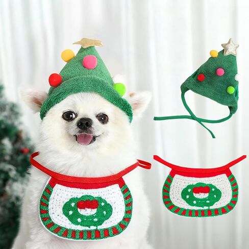 2-Piece Christmas pet Costume, Green hat, and Drooling Towel (Suitable for Cats and Dogs Weighing 2-8 pounds) in Saudi Arabia