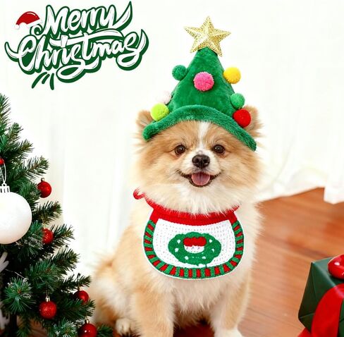 2-Piece Christmas pet Costume, Green hat, and Drooling Towel (Suitable for Cats and Dogs Weighing 2-8 pounds) in Saudi Arabia