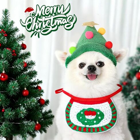 2-Piece Christmas pet Costume, Green hat, and Drooling Towel (Suitable for Cats and Dogs Weighing 2-8 pounds) in Saudi Arabia