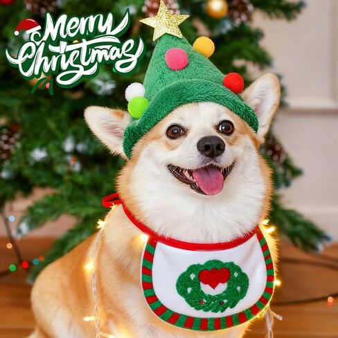2-Piece Christmas pet Costume, Green hat, and Drooling Towel (Suitable for Cats and Dogs Weighing 2-8 pounds) in Saudi Arabia
