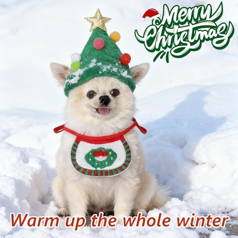 2-Piece Christmas pet Costume, Green hat, and Drooling Towel (Suitable for Cats and Dogs Weighing 2-8 pounds) in Saudi Arabia