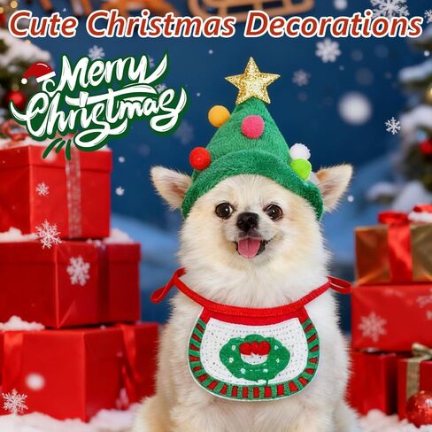 2-Piece Christmas pet Costume, Green hat, and Drooling Towel (Suitable for Cats and Dogs Weighing 2-8 pounds) in Saudi Arabia