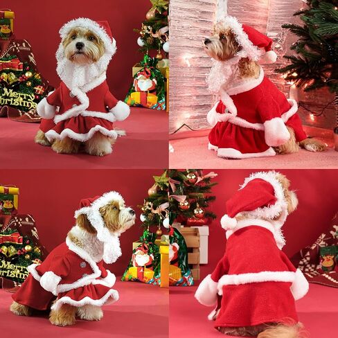 Pet Christmas Costumes 2 PCS Santa Claus Outfit Dog Santa Hat with Beard Xmas Costumes Suit for Small Medium Dogs Winter Warm Cat Coat Christmas Dog Clothes Holiday Dresses (Small, Dog Santa Suit) in Saudi Arabia