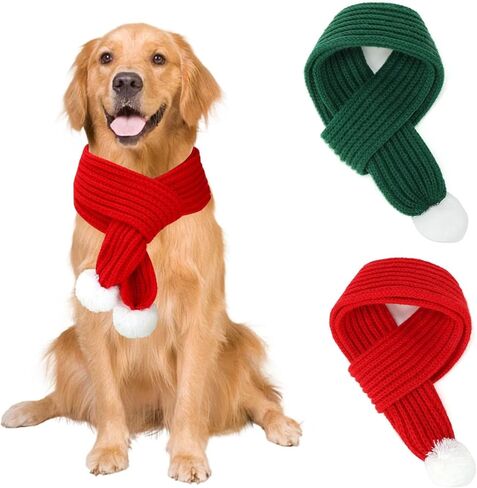 Christmas Dog Cat Santa Scarf,Dog Winter Knitted Scarf Pet Winter Neck Warmer Costume with White Pompom Ball Party Dressup Xmas Cute Decorate Gift Green in Saudi Arabia