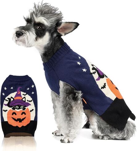 FOFOS Halloween Dog Sweater Pumpkin, Acrylic Knit Dog Pullover Lightweight Dogs Halloween Clothes for Small Medium Puppies, Navy Blue, L in Kuwait