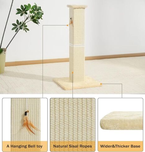 Made4Pets Cat Scratching Post, 32 Inch Natural Sisal Cat Scratcher with Kitten Toy, Tall Scratching Post for Indoor Cats Adults and Kittens, Beige in Kuwait