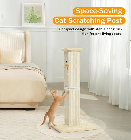 Made4Pets Cat Scratching Post, 32 Inch Natural Sisal Cat Scratcher with Kitten Toy, Tall Scratching Post for Indoor Cats Adults and Kittens, Beige in Kuwait