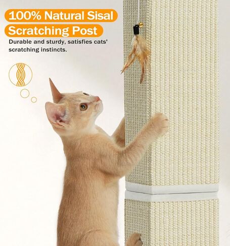 Made4Pets Cat Scratching Post, 32 Inch Natural Sisal Cat Scratcher with Kitten Toy, Tall Scratching Post for Indoor Cats Adults and Kittens, Beige in Kuwait
