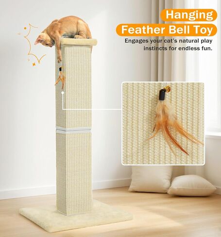 Made4Pets Cat Scratching Post, 32 Inch Natural Sisal Cat Scratcher with Kitten Toy, Tall Scratching Post for Indoor Cats Adults and Kittens, Beige in Kuwait