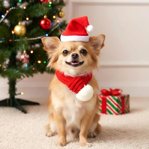 مجموعة قبعة ووشاح سانتا للكلاب لعيد الميلاد، مقاس صغير، وشاح أحمر قابل للتعديل مع كرة بوم بوم بيضاء، لتدفئة رقبة الكلاب في الشتاء، ملابس عيد الميلاد للكلاب in Kuwait