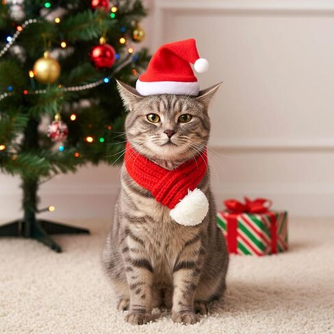 مجموعة قبعة ووشاح سانتا للكلاب لعيد الميلاد، مقاس صغير، وشاح أحمر قابل للتعديل مع كرة بوم بوم بيضاء، لتدفئة رقبة الكلاب في الشتاء، ملابس عيد الميلاد للكلاب in Kuwait