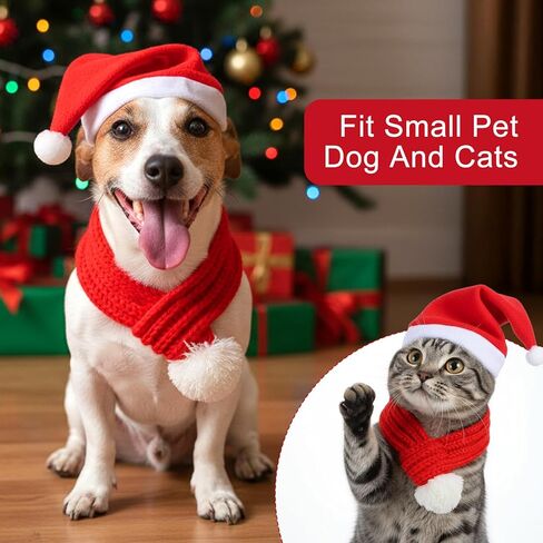 مجموعة قبعة ووشاح سانتا للكلاب لعيد الميلاد، مقاس صغير، وشاح أحمر قابل للتعديل مع كرة بوم بوم بيضاء، لتدفئة رقبة الكلاب في الشتاء، ملابس عيد الميلاد للكلاب in Kuwait