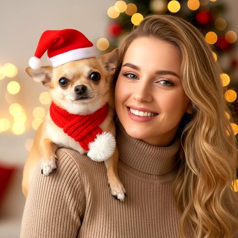 مجموعة قبعة ووشاح سانتا للكلاب لعيد الميلاد، مقاس صغير، وشاح أحمر قابل للتعديل مع كرة بوم بوم بيضاء، لتدفئة رقبة الكلاب في الشتاء، ملابس عيد الميلاد للكلاب in Kuwait