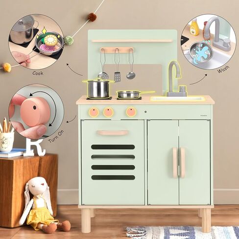 مجموعة Wooden Playkitchen ، مطبخ ألعاب تفاعلي كبير مع غسالة ، فرن ، درج وتخزين ، أدوات طبخ معدنية ، ألواح سوداء ، مسرحية مطبخ للأطفال ، مطبخ للعب للأطفال الصغار 3+ in Saudi Arabia