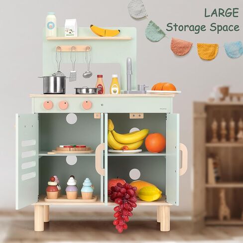 مجموعة Wooden Playkitchen ، مطبخ ألعاب تفاعلي كبير مع غسالة ، فرن ، درج وتخزين ، أدوات طبخ معدنية ، ألواح سوداء ، مسرحية مطبخ للأطفال ، مطبخ للعب للأطفال الصغار 3+ in Saudi Arabia