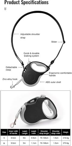 Upgraded Retractable Dog/Cat/Pet Leash with Crossbody Strap - 5 meters/16 feet, Black | Hands Free, Wearable | Durable Ergonomic One Handed Brake, Pause, Lock | Tangle Free Truelove (Medium) in Saudi Arabia