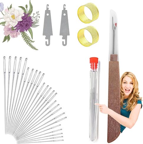 Big Eye Steel Sewing Needles Kit, Big Eye Steel Needle Set, 34 PCS Big Eye Steel Needles Set, Include 25 Steel Needles, 1 Seam Sewing Thread Ripper, 2 Needles, Threaders, 3 Threads in Saudi Arabia