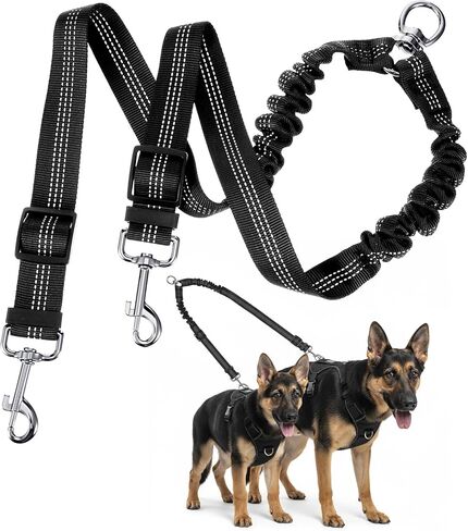 Double Dog Leash for Two Dogs No Tangle Dual Leash Heavy Duty Adjustable Reflective Bungee Retractable Split Multiple Leashes for Walk Fit All Sized Breeds Black in Kuwait