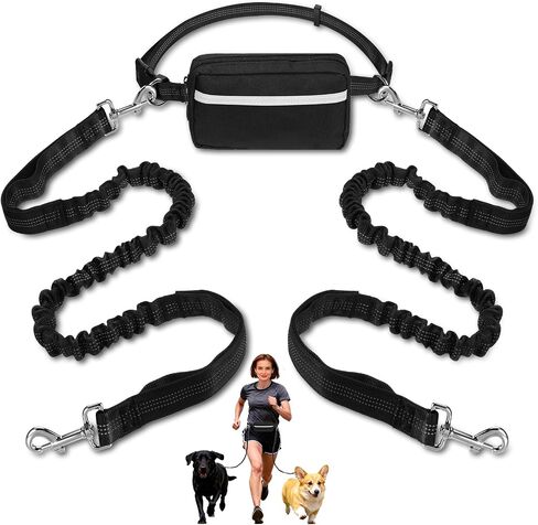 Hands Free Double Leash for 2 Dogs, Adjustable Waist Leash for Dog Walking 2 Dogs, Heavy Duty No Tangle Double Retractable Dog Leashs for Medium Large Running, Jogging, Hiking(Black) in Saudi Arabia