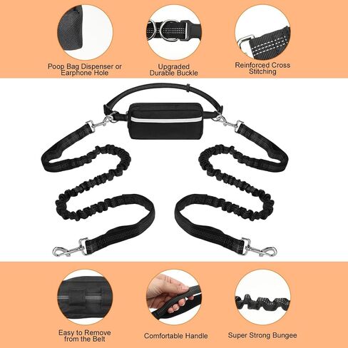 Hands Free Double Leash for 2 Dogs, Adjustable Waist Leash for Dog Walking 2 Dogs, Heavy Duty No Tangle Double Retractable Dog Leashs for Medium Large Running, Jogging, Hiking(Black) in Saudi Arabia