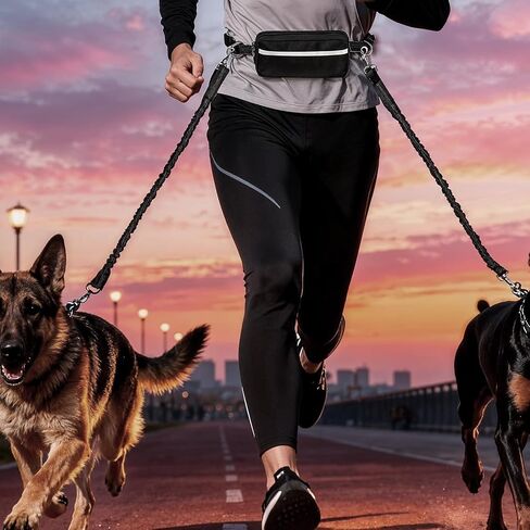Hands Free Double Leash for 2 Dogs, Adjustable Waist Leash for Dog Walking 2 Dogs, Heavy Duty No Tangle Double Retractable Dog Leashs for Medium Large Running, Jogging, Hiking(Black) in Saudi Arabia