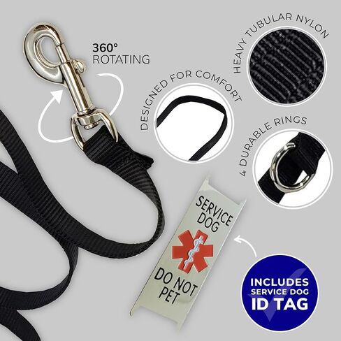 مقود ActiveDogs بدون استخدام اليدين - بطول 7 أقدام، مقود خدمة للكلاب مع علامة "Service Dog Do Not Pet" من الكروم - نايلون قوي 3/4 بوصة، خياطة مزدوجة، أسود in Kuwait