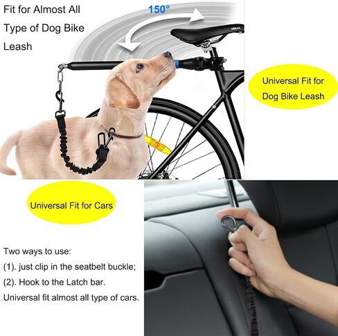 Bicycle Dog Leash for Riding, Hands Free 150° Rotating Built-in Shock Absorber Bike Retractable Leashes for Cycling, Elastic Nylon Adjusted Car Holder Seat Belt Rope (Black) in Saudi Arabia
