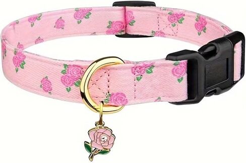 Pink Rose Patterned Pet Collar with Pendant Adjustable for Dogs Collar in Saudi Arabia