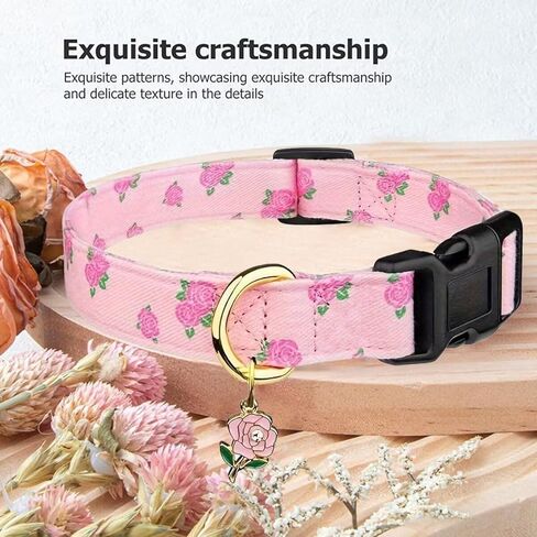 Pink Rose Patterned Pet Collar with Pendant Adjustable for Dogs Collar in Saudi Arabia
