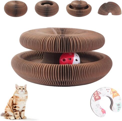 Kitty Curlz Cat Scratching Board-Foldable Interactive Cat Toy with 1 Bell Balls Made of Recyclable Corrugated Cardboard, Scratch-Resistant and Furniture Protector（Wood Patterns） in Saudi Arabia