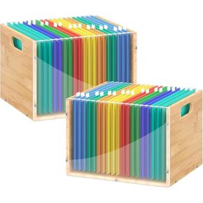 Clear Acrylic File Box Organizer, Bamboo Hanging Folder Storage Boxes, Filing Crate Bin Holder with Handle for Home Office Desk, Letter Size in Kuwait
