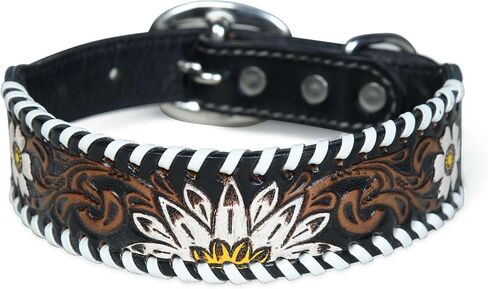 Genuine Cowhide Leather Dog Collar Handmade Hand Tooled Leather Dog Collar for All Breeds Comfortable Fitting Collar - Brown & Turquoise (Medium) in Saudi Arabia