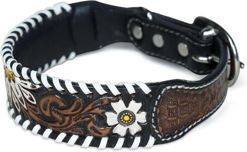 Genuine Cowhide Leather Dog Collar Handmade Hand Tooled Leather Dog Collar for All Breeds Comfortable Fitting Collar - Brown & Turquoise (Medium) in Saudi Arabia