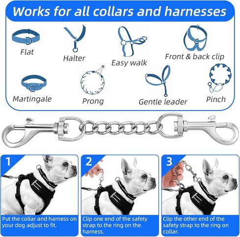 Dog Collar Safety Clip Stainless Steel Dog Collar Backup Strap Harness Collars Leash Chain Connector Heavy Duty Double End Spring Backup Buckle Clasp Escape Proof Safety Accessory for Dogs in Kuwait