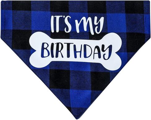 Dog Birthday Bandana Collar - It's My Birthday Adjustable Pet Scarf with Quick Release Buckle & D-Ring for Small Medium Large Dogs & Cats (Blue Plaid, Large) in Saudi Arabia